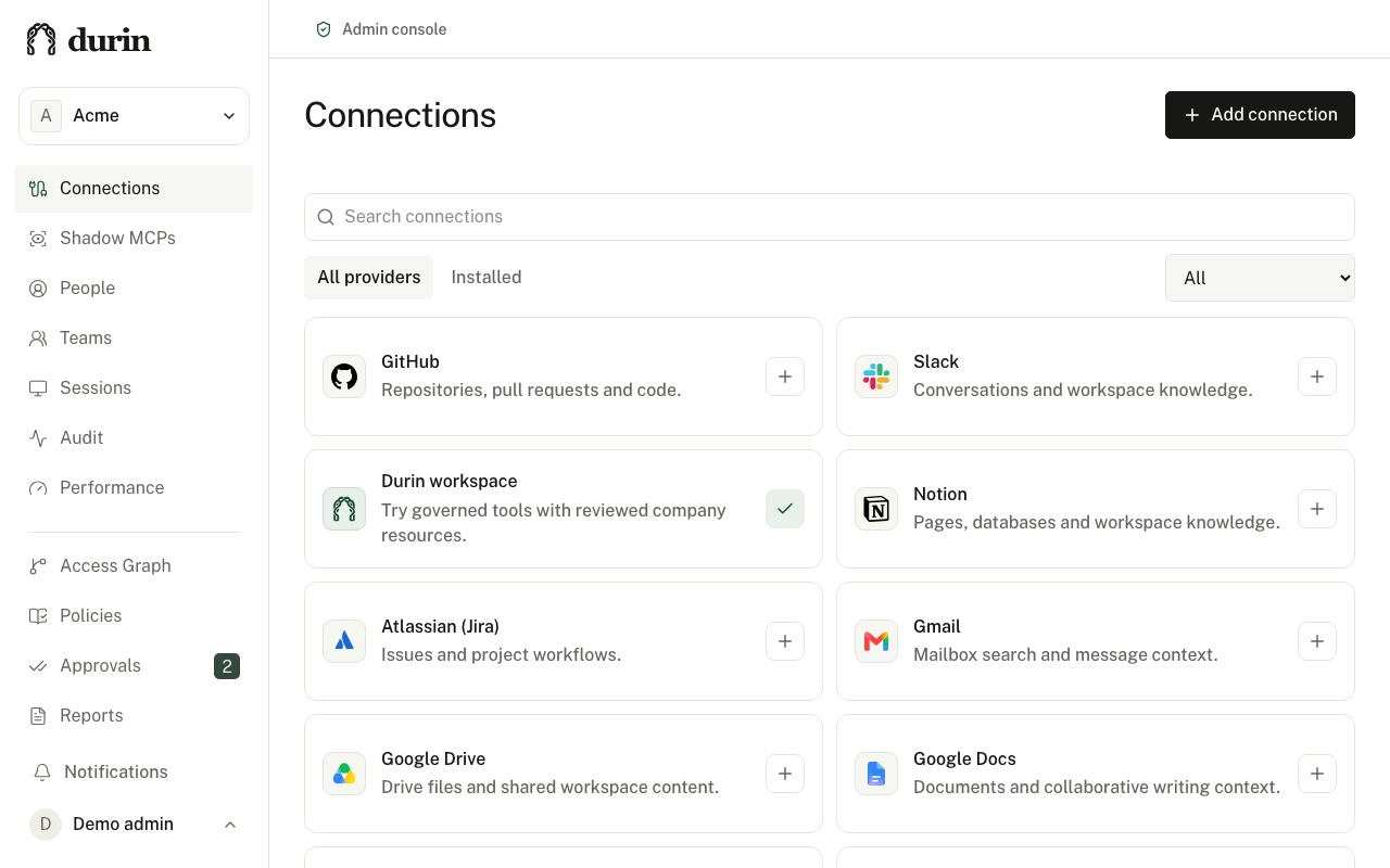 Durin admin console showing a provider catalog with installed and setup-required connections