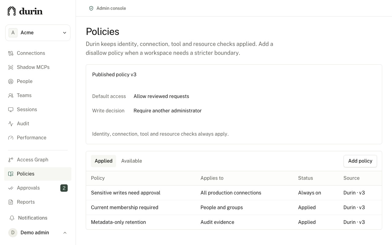 Durin admin console showing applied governance policies for sensitive writes and membership checks