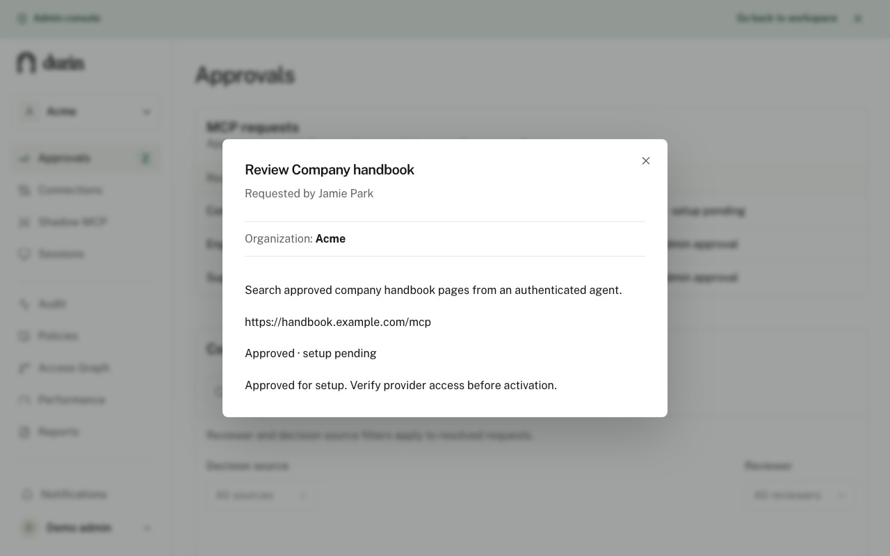 Durin connection review for Company handbook showing Approved · setup pending.