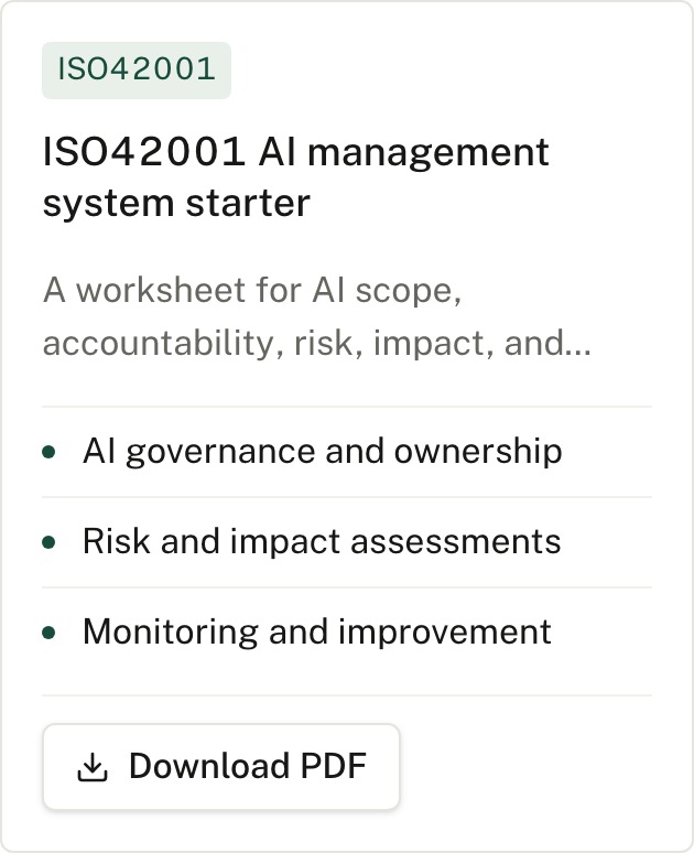 Durin ISO42001 מפעיל מערכת ניהול בינה מלאכותית עם נושאי ממשל, סיכונים וניטור.